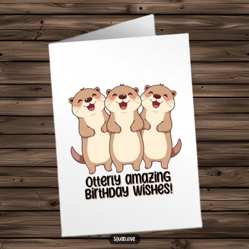 Funny Free Printable Birthday Card: Three joyful otters linked arm-in-arm, cheering wildly for a hilarious, unforgettable celebration.
