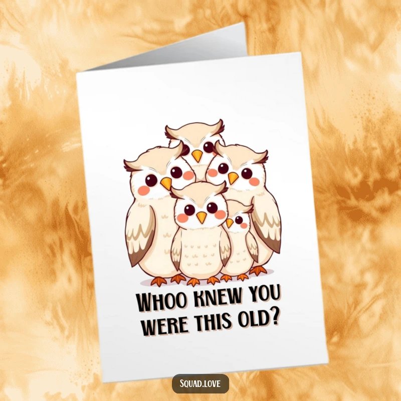 Funny Free Printable Birthday Card featuring a happy owl family huddled together, beak to beak, sharing love and smiles.