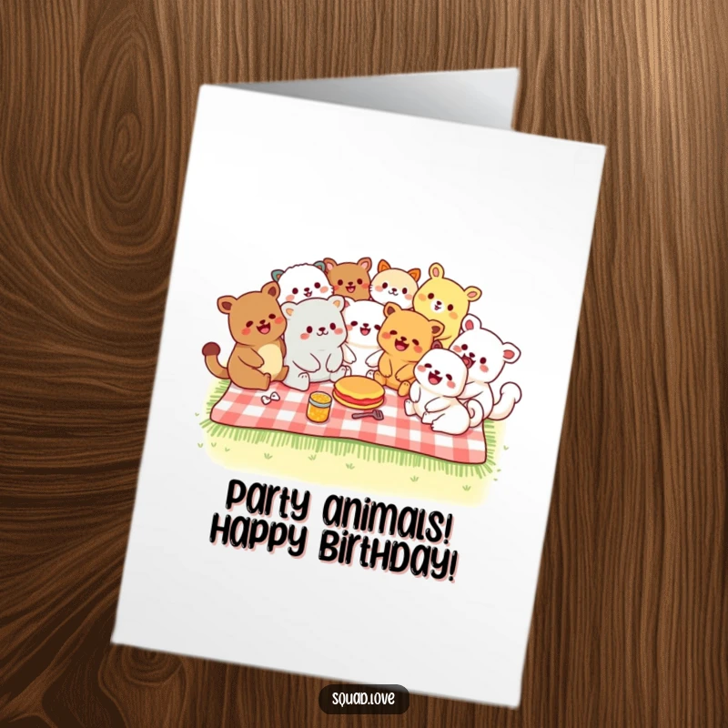 Funny Free Printable Birthday Card showing diverse kawaii animals laughing together at a picnic, celebrating joyfully.