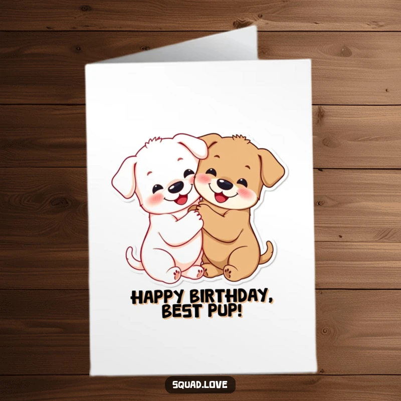 Free Printable Birthday Card: Two smiling puppies with linked paws sharing a tight, loving hug, radiating warmth.