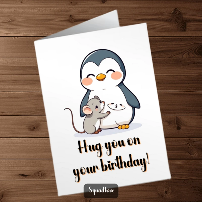 Funny Free Printable Birthday Card, a cheerful kawaii penguin offering a warm hug to a timid kawaii mouse, adorable downloadable gift.