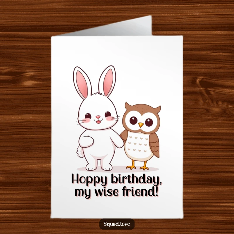 Funny Free Printable Birthday Card: A beaming kawaii bunny holding hands with a smiling owl, celebrating joyous moments.