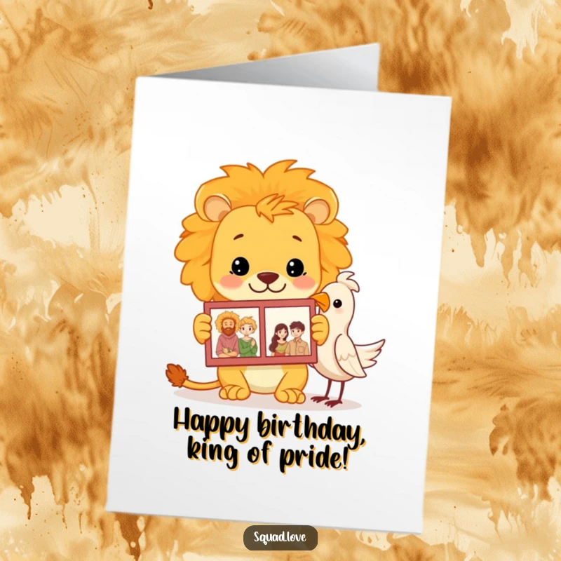Free Printable Birthday Card: A proud lion shows a family photo album to a small bird, sharing cherished memories.