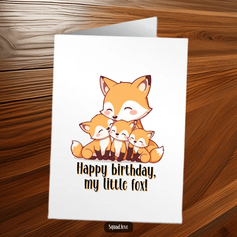Funny Free Printable Birthday Card showing a content mother fox nuzzling her kits, all smiling sweetly together.