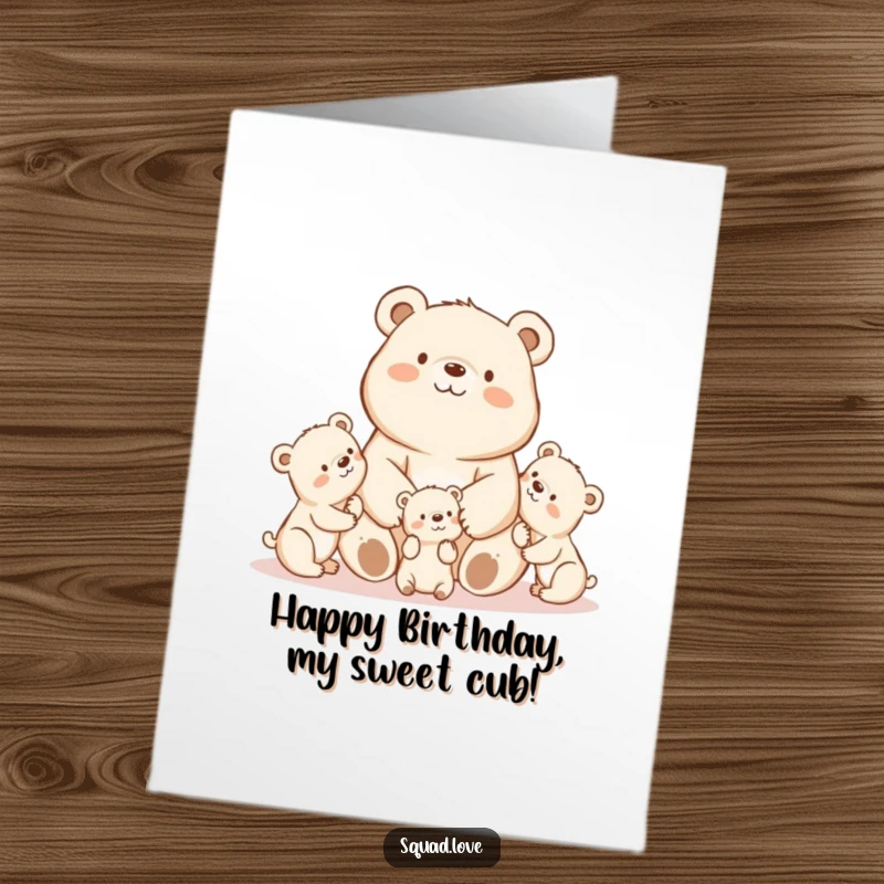 Free Printable Birthday Card: A proud kawaii mama bear watches affectionately as her adorable cubs play around her.