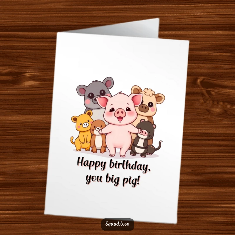 Free Printable Birthday Card: A happy piglet holding hands with a diverse group of smiling animals, celebrating together.