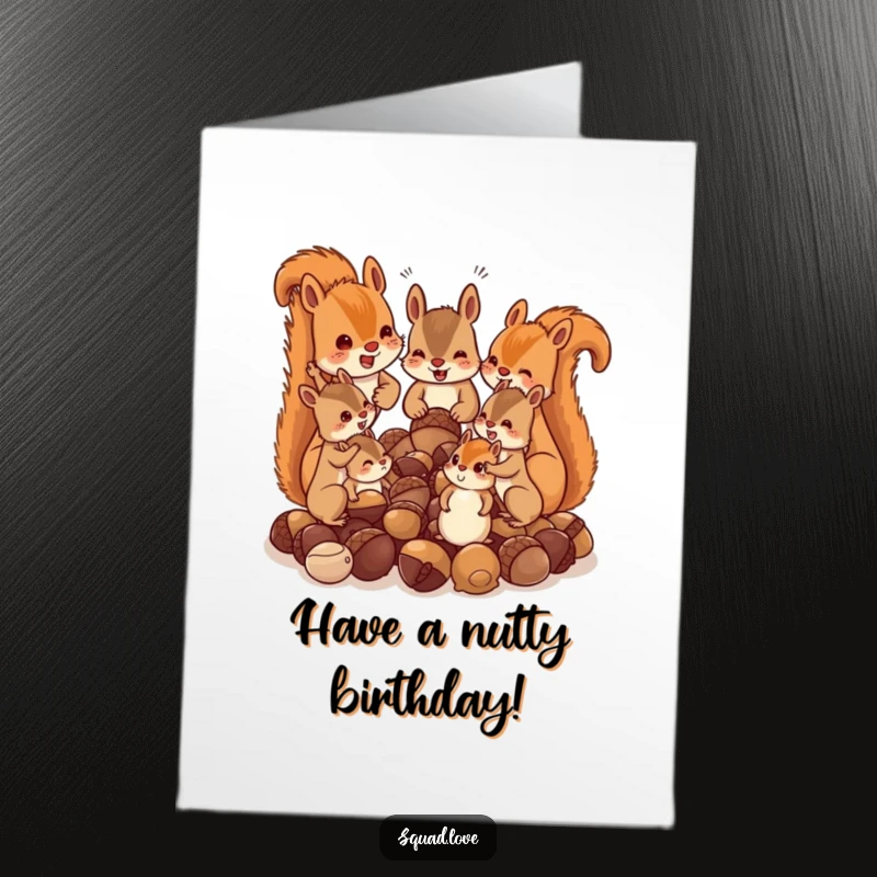 Funny Free Printable Birthday Card: Chattering squirrel family hoarding acorns, playful illustration, ideal for a DIY gift.