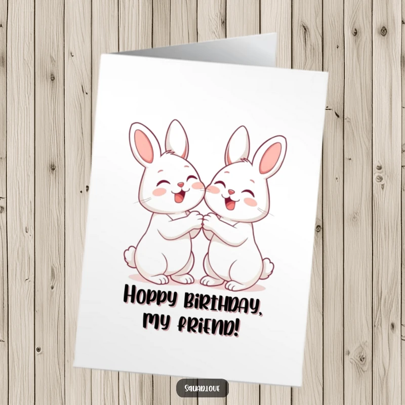 Funny Free Printable Birthday Card: Two inseparable bunnies holding paws and giggling with pure delight.