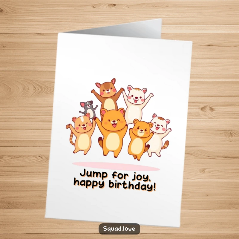 Funny Free Printable Birthday Card showcasing diverse animal friends holding hands and jumping joyfully together in celebration.