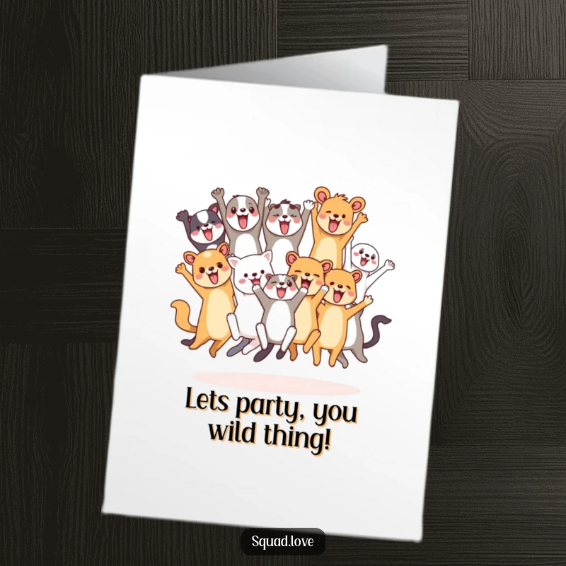 Funny Free Printable Birthday Card: A diverse group of happy animals leap joyfully, cheering together to celebrate someone's special day.