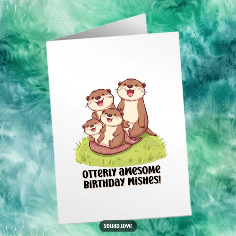 Funny Free Printable Birthday Card: Otter family joyfully sliding down a green hill, embodying pure excitement and birthday wishes.