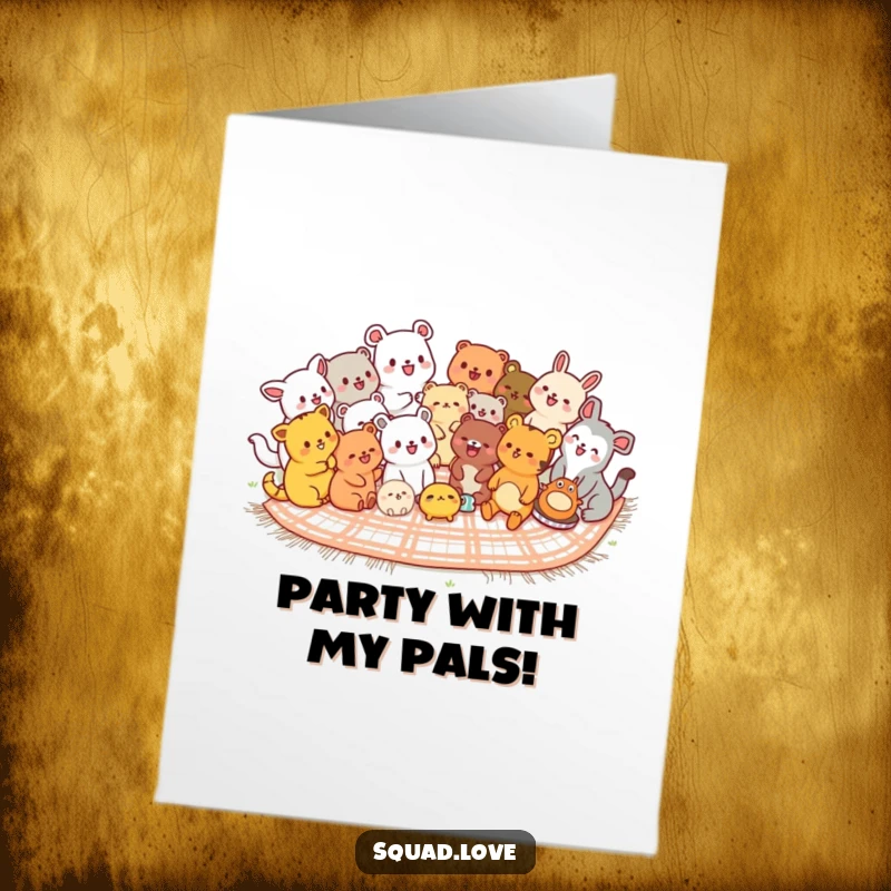 Cute Free Printable Birthday Card: Diverse kawaii animals sharing a picnic blanket, laughing joyfully together in celebration.