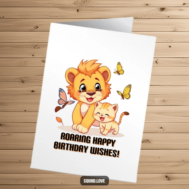 Funny Free Printable Birthday Card: Lion cub playfully chasing a butterfly with a grinning kitten, adorable DIY gift.