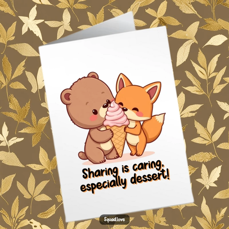 Funny Free Printable Birthday Card featuring a cute bear cub sharing a giant ice cream cone with a happy fox.