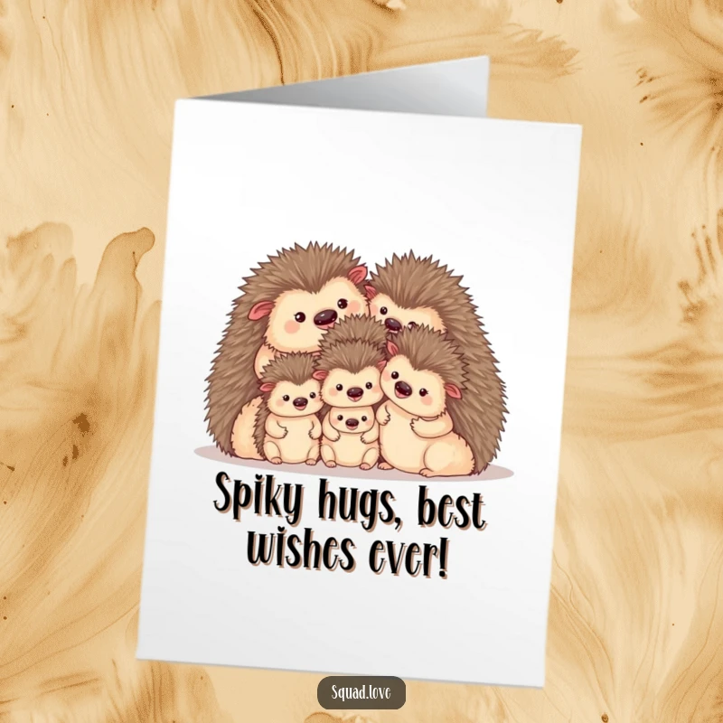 Funny Free Printable Birthday Card featuring a cozy hedgehog family huddled together, radiating warmth and contentment, perfect for a loved one.