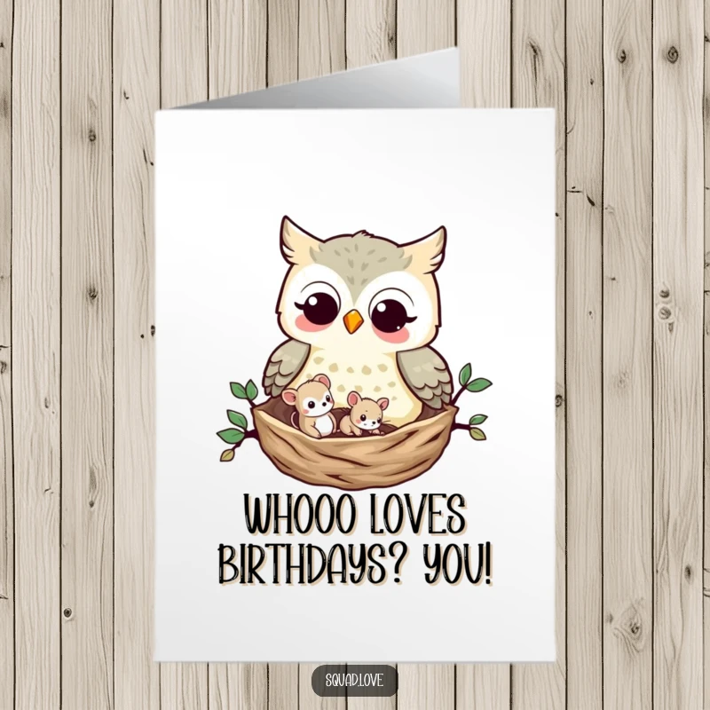 Funny Free Printable Birthday Card: A wise owl and a tiny mouse share a cozy nest, embodying unexpected birthday joy.