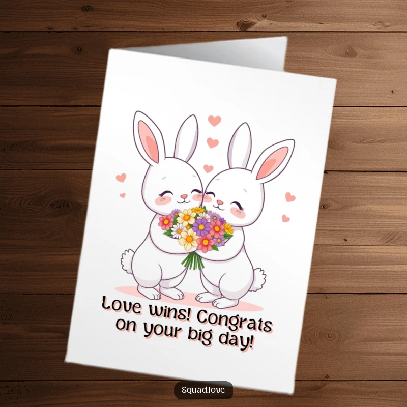 Funny Free Printable Congratulations Card with a sweet bunny couple exchanging flowers, ideal for celebrating milestones.