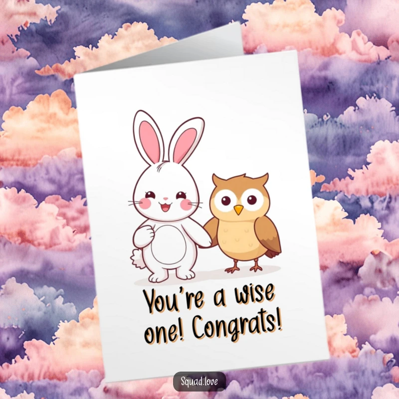 Funny Free Printable Congratulations Card with a beaming bunny and smiling owl holding hands, perfect for sharing joy.