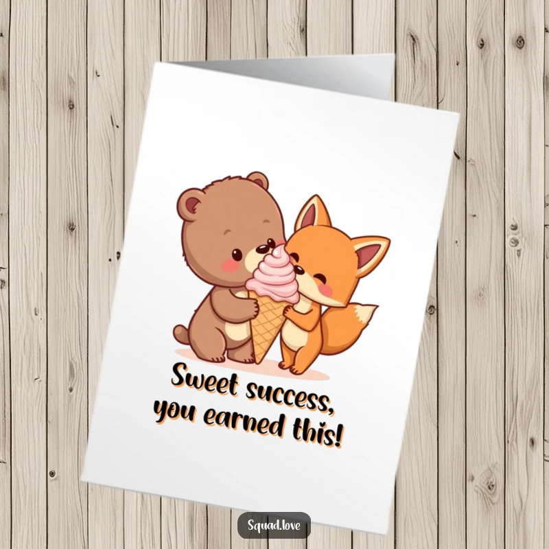Funny Free Printable Congrats Card with a bear cub and fox sharing a huge ice cream cone.