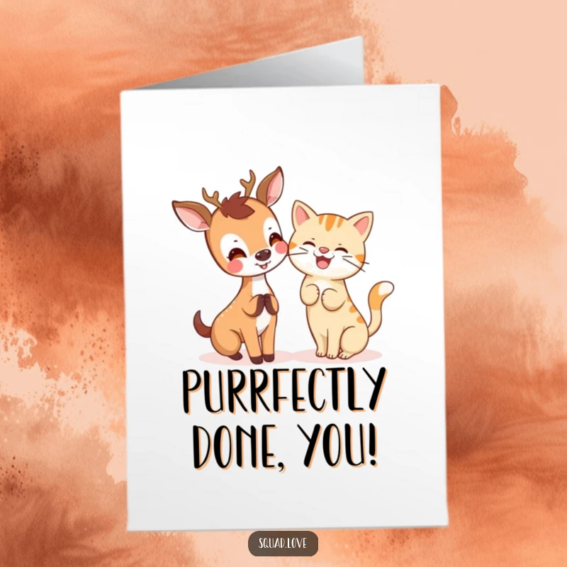 Free Printable Congratulations Card: A joyful kawaii deer leans in to share a secret with a cat that is visibly giggling.
