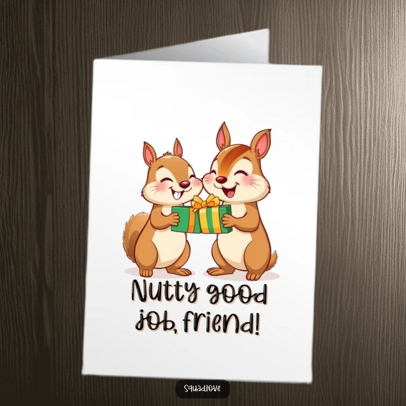 Funny Free Printable Congratulations Card: Joyful squirrel and chipmunk exchanging presents, showing friendship and shared happiness for an achievement.