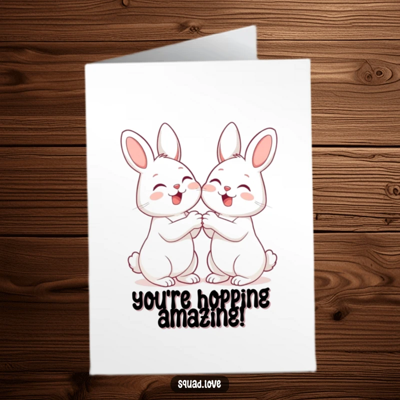 Funny Free Printable Congratulations Card: A pair of bunnies holding paws and sharing an enthusiastic giggle.