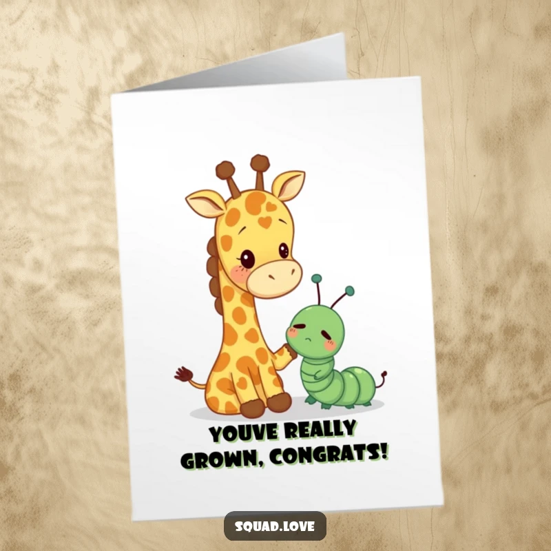 Funny Free Printable Congratulations Card: A towering giraffe comforts a small caterpillar, celebrating their achievement with a pat.