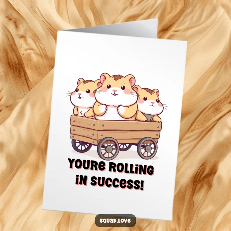Funny Free Printable Congratulations Card: A happy hamster travels in a wagon, cheered on by friends, celebrating a shared success.