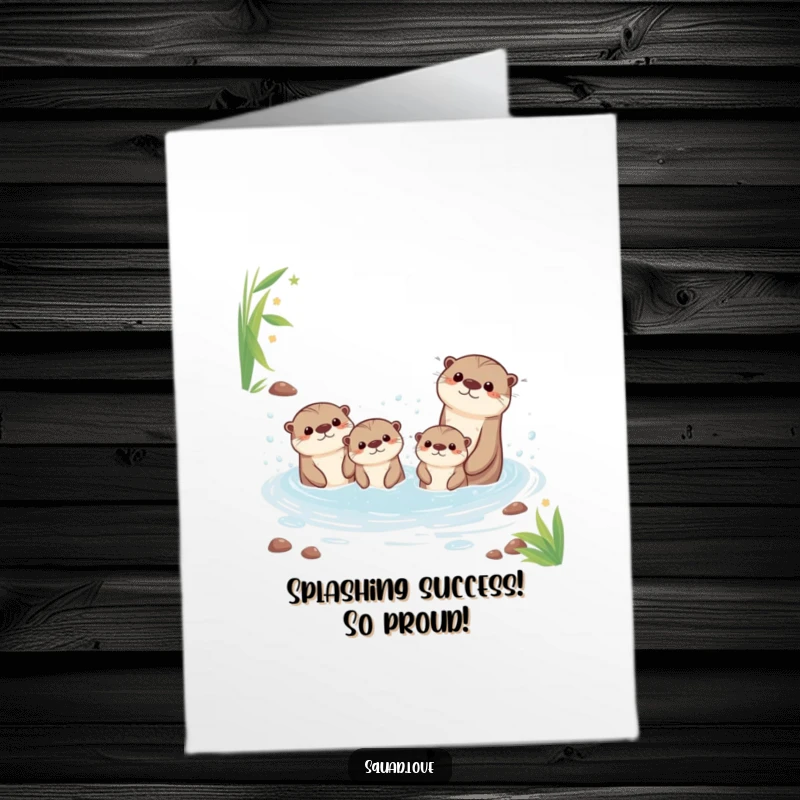 Funny Free Printable Congratulations Card, a kawaii otter family having a blast splashing in a bubbly stream, cheerful downloadable gift.