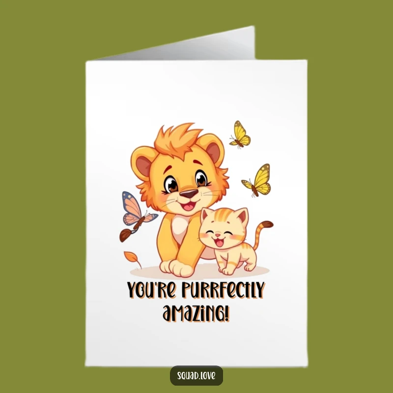 Free Printable Congrats Card: Lion Cub Kitten Butterfly Funny Downloadable Gift