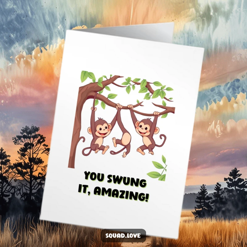 Funny Free Printable Congratulations Card: Playful monkeys are captured mid-swing, reaching playfully for each other on tree branches.