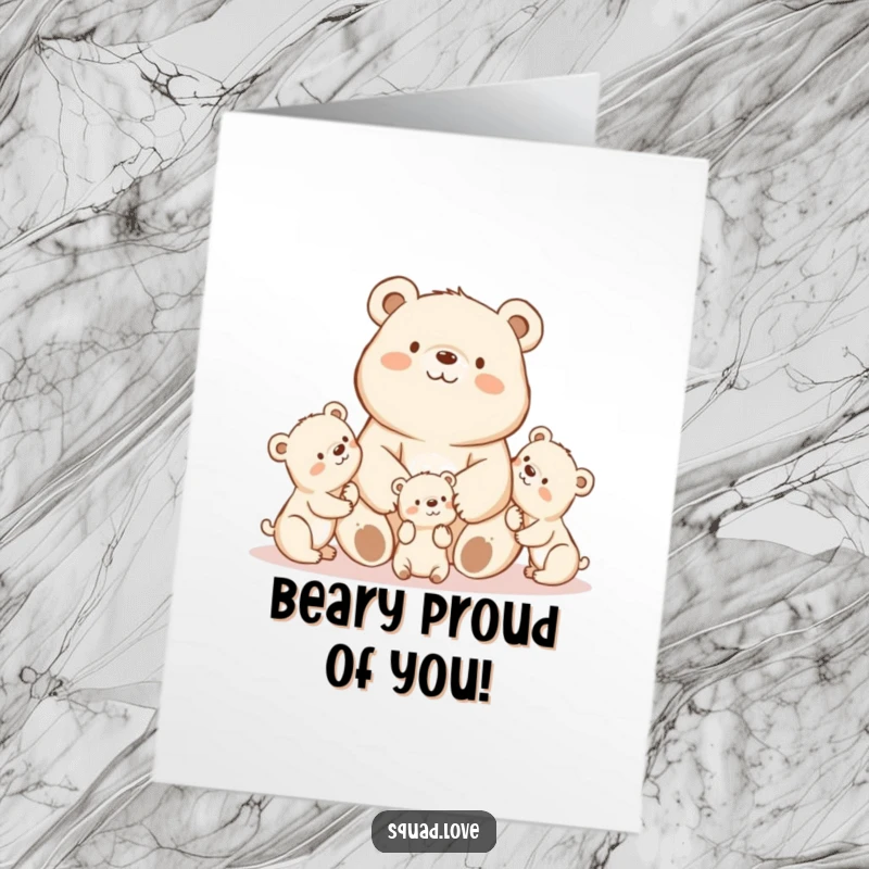 Free Printable Congratulations Card: A proud kawaii mama bear beams as she watches her playful cubs enjoying themselves.