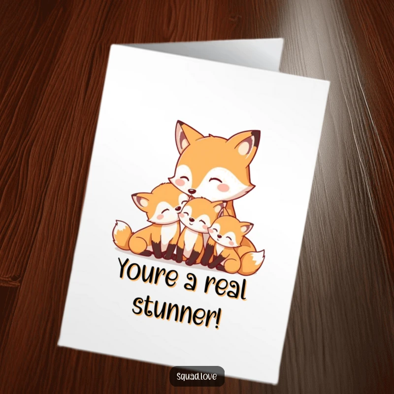 Funny Free Printable Congratulations Card featuring a loving mother fox nuzzling her content kits, celebrating family growth.