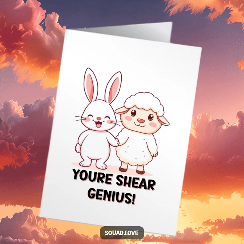 Funny Free Printable Congratulations Card: A smiling rabbit and a fluffy sheep link hands, celebrating a wonderful accomplishment side-by-side.