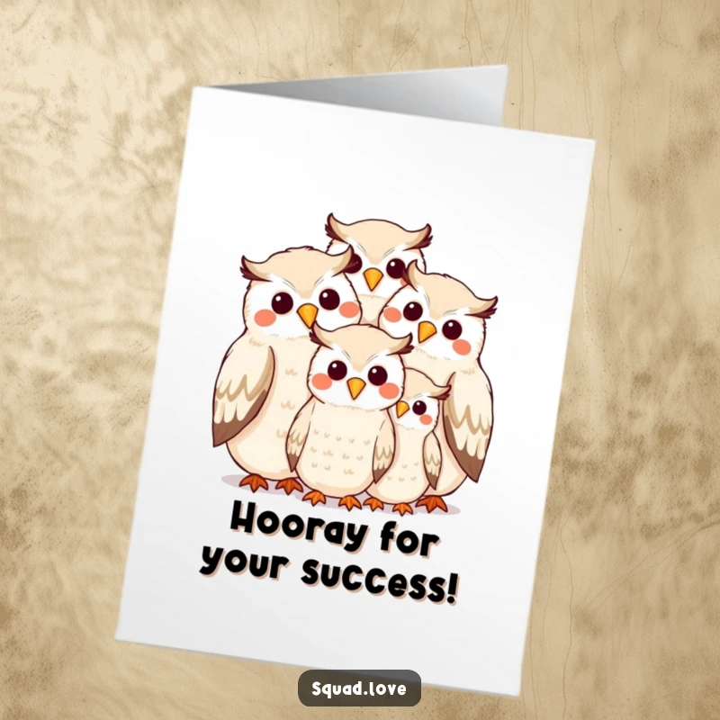 Funny Free Printable Congratulations Card with a smiling owl family in a tight, loving huddle, celebrating togetherness.