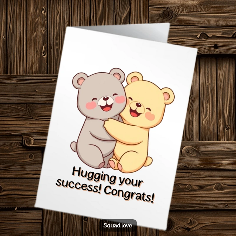 Cute Free Printable Congratulations Card: Two kawaii bears with bright smiles hugging tightly, celebrating a wonderful achievement together.