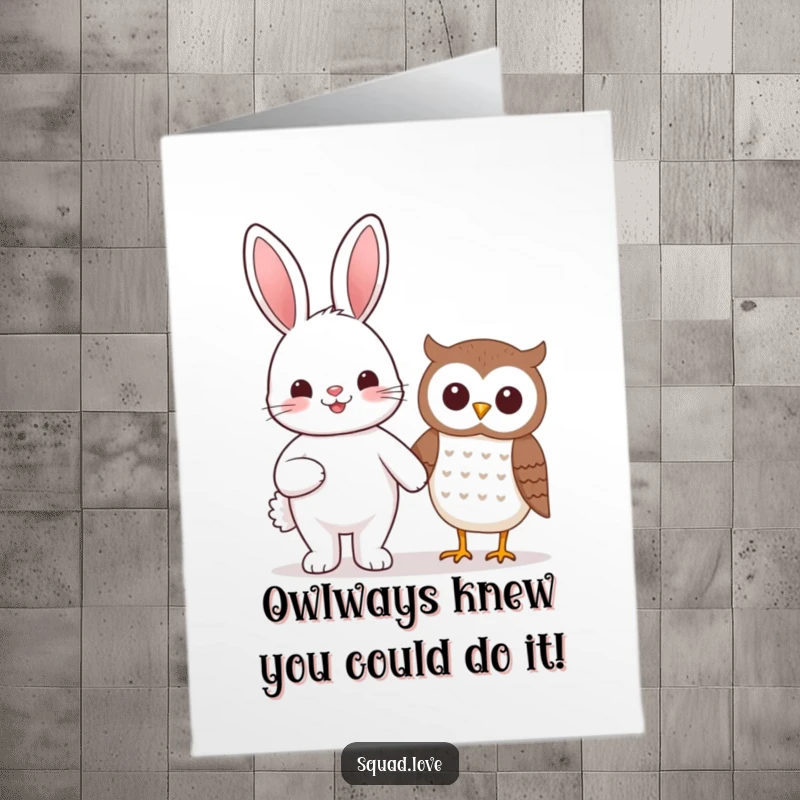 Funny Free Printable Congratulations Card: A kawaii bunny and smiling owl holding hands, sharing happy news.