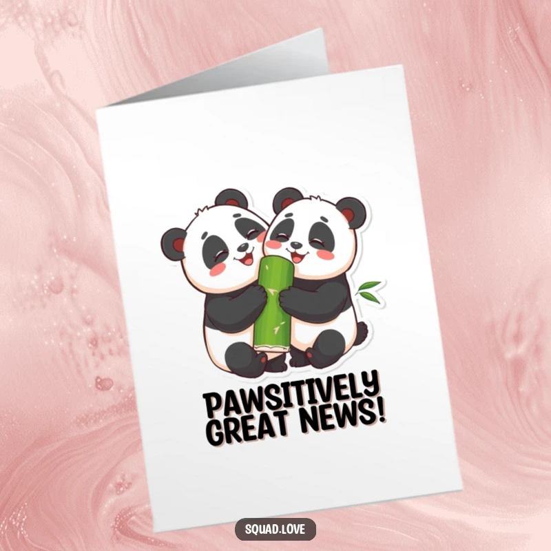 Funny Free Printable Congratulations Card: Two happy pandas hugging and sharing bamboo, celebrating an achievement together.