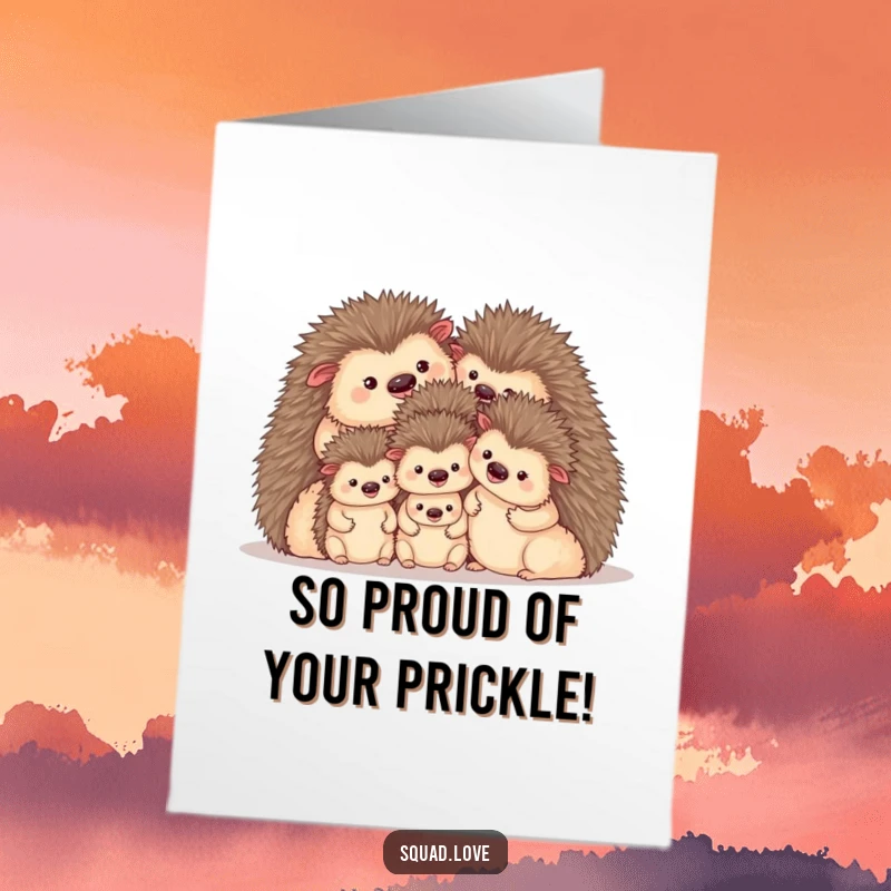 Funny Free Printable Congratulations Card showing a snug hedgehog family, symbolizing support and shared happiness for their achievement.