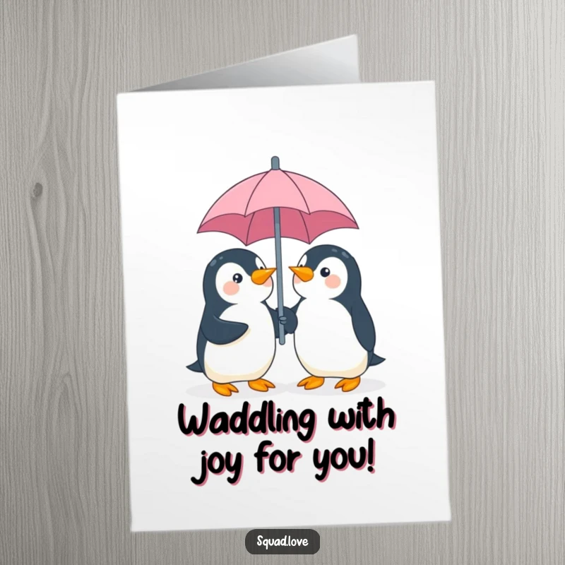 Funny Free Printable Congratulations Card: Playful penguins giggling while sharing a single umbrella.