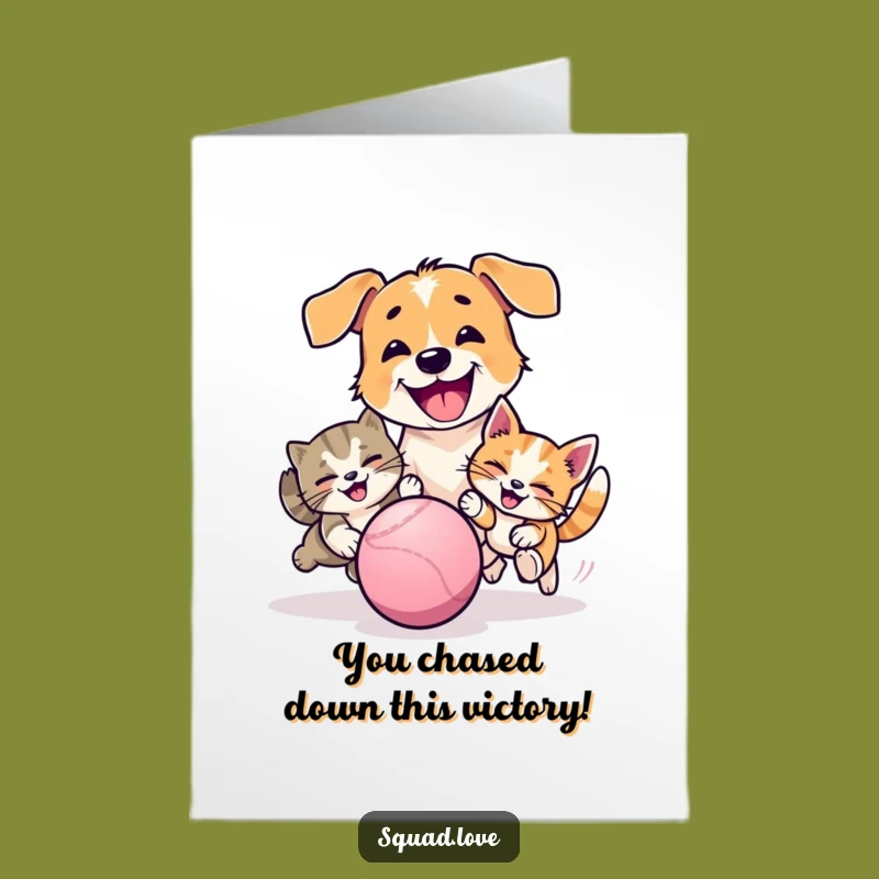 Free Printable Congrats Card: Dog Cat Chasing Ball, Funny Downloadable Gift