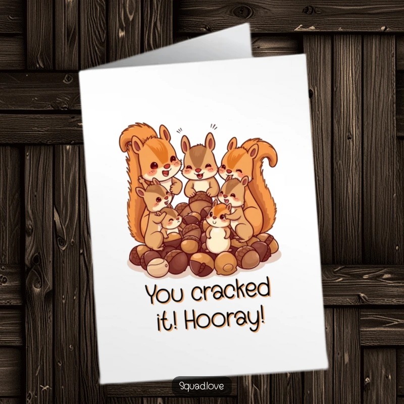Funny Free Printable Congrats Card: Squirrel family sharing acorns, chattering happily, delightful downloadable art for congratulations.