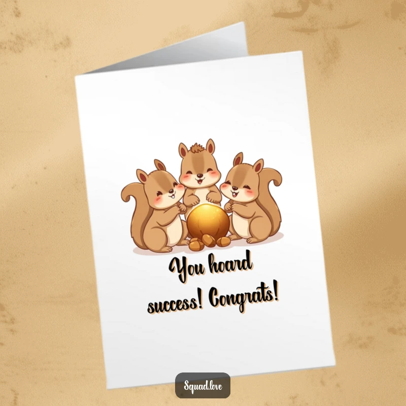 Funny Free Printable Congratulations Card: Happy squirrels share nuts, a warm glow between them, celebrating your success.