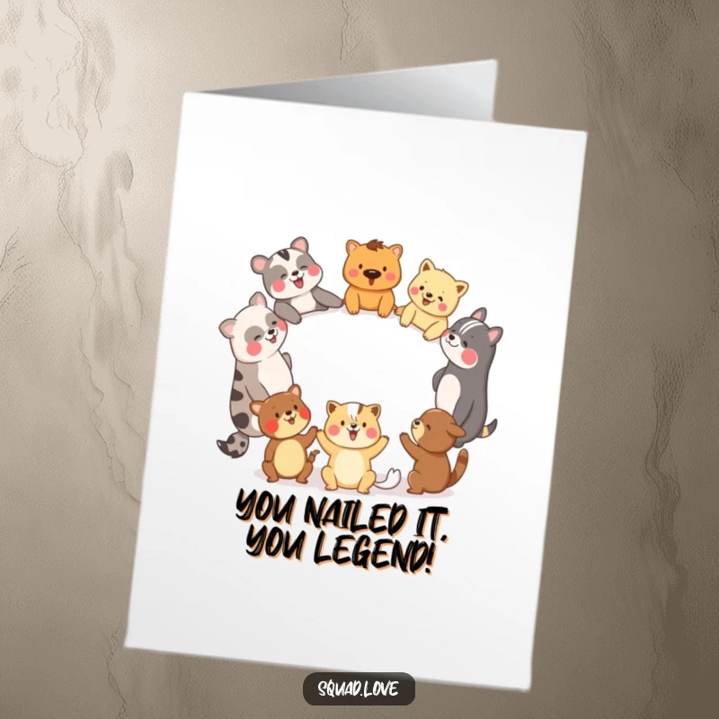 Funny Free Printable Congratulations Card with diverse animals linked hands in a circle, laughing joyfully for group success.