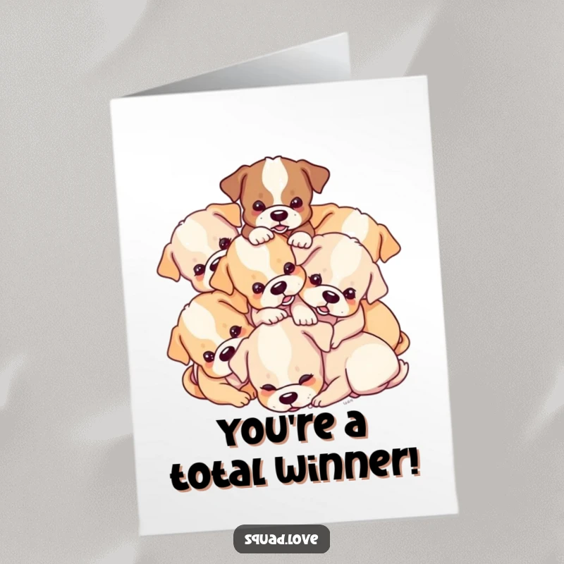 Funny Free Printable Congratulations Card: A delightful jumble of puppies tumbling together, celebrating a big win with wagging tails and joy.