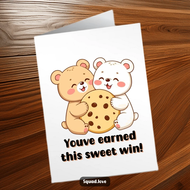 Funny Free Printable two bear cubs joyfully sharing a giant cookie, celebrating a wonderful achievement. Sweet congratulations.