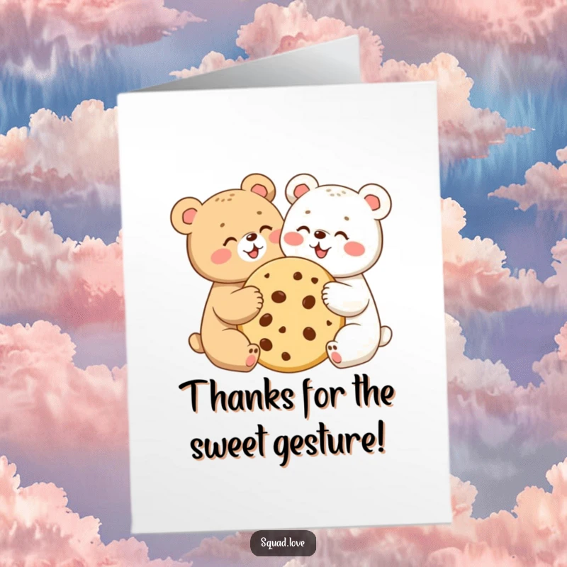 Funny Free Printable two bear cubs happily sharing a giant cookie, conveying a sweet and heartfelt thank you. Adorable gratitude.