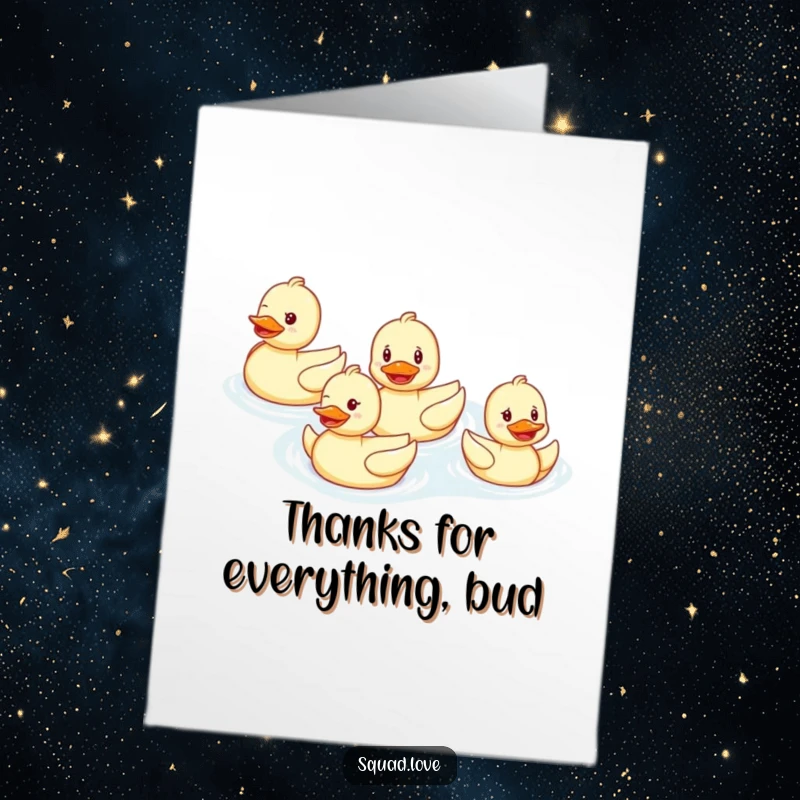 Funny Free Printable Thank You Card: A happy duck family swims in formation, smiling to express thanks.