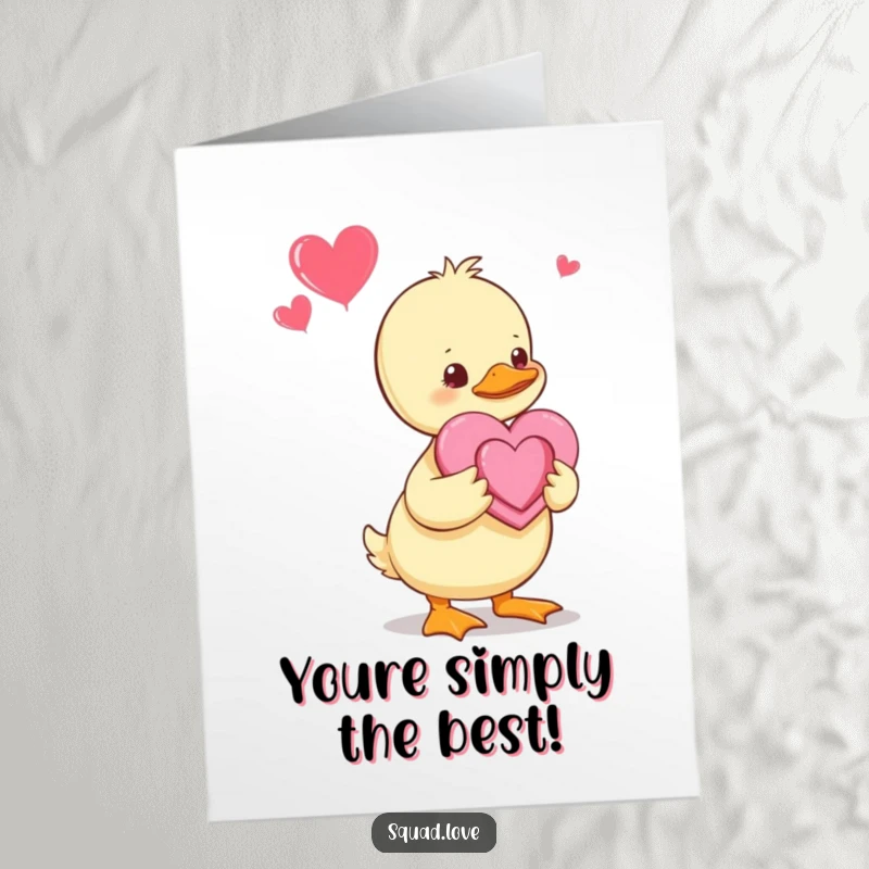 Funny Free Printable Thank You Card: A baby duckling sweetly holds out a handmade heart, expressing sincere gratitude.