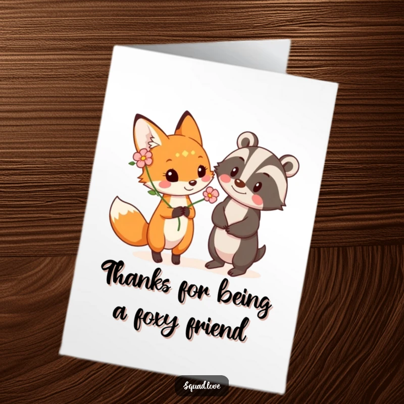 Funny Free Printable Thank You Card: A playful fox courteously offers a vibrant flower to a delighted badger, expressing sincere thanks.